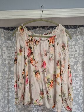 Velvet Floral Cold-Shoulder Cream Blouse with Pink & Green Blossoms